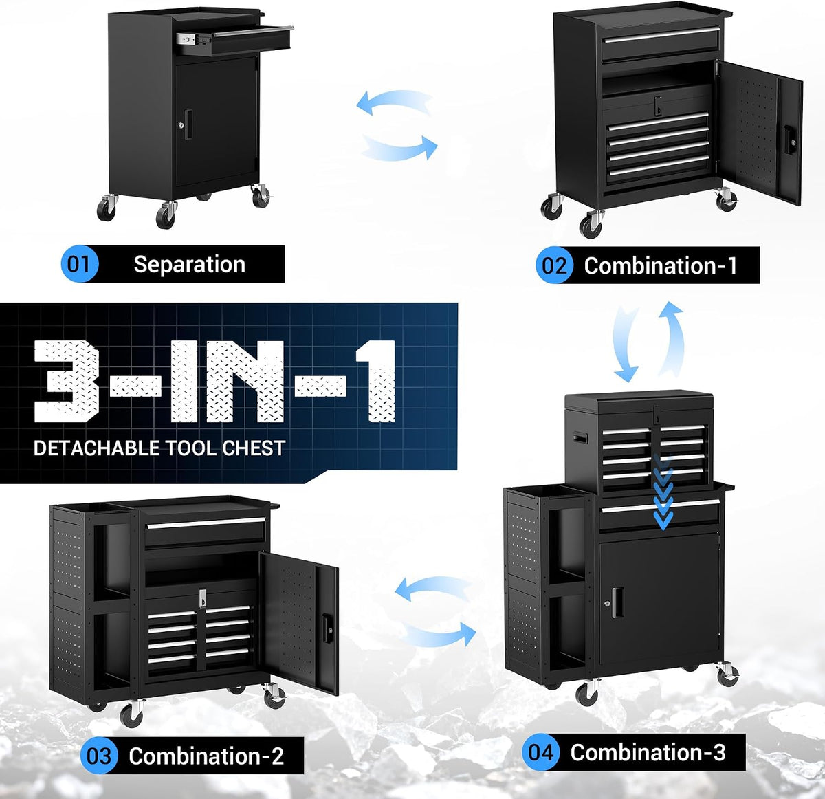 5 Drawer Rolling Tool Chest, 3-in-1 Assembled Tool Cabinet