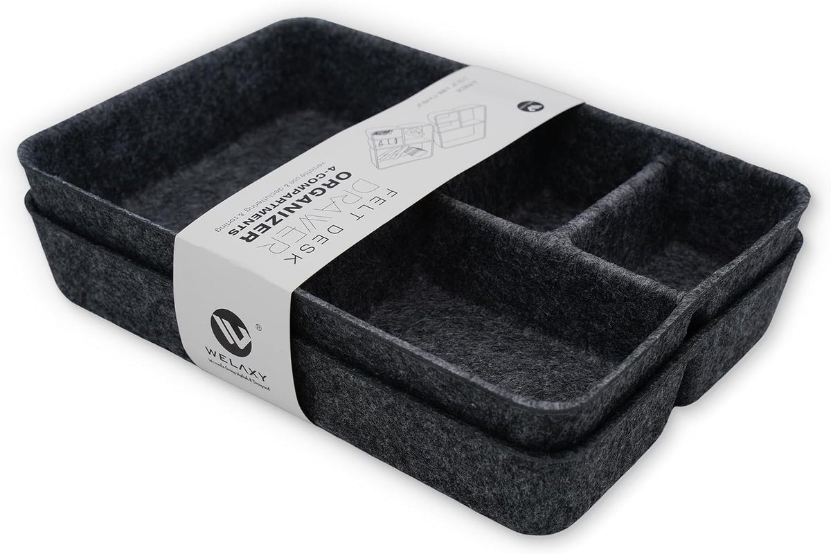 Welaxy 2pc Felt Tray Charcoal Drawer Organizer bin 4 Compartments divider