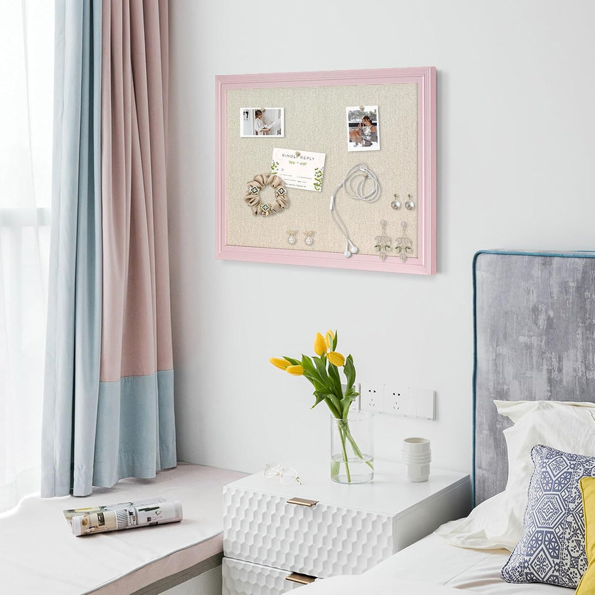Large Pink Wood Framed Cork Board with Linen, 24" x 18"