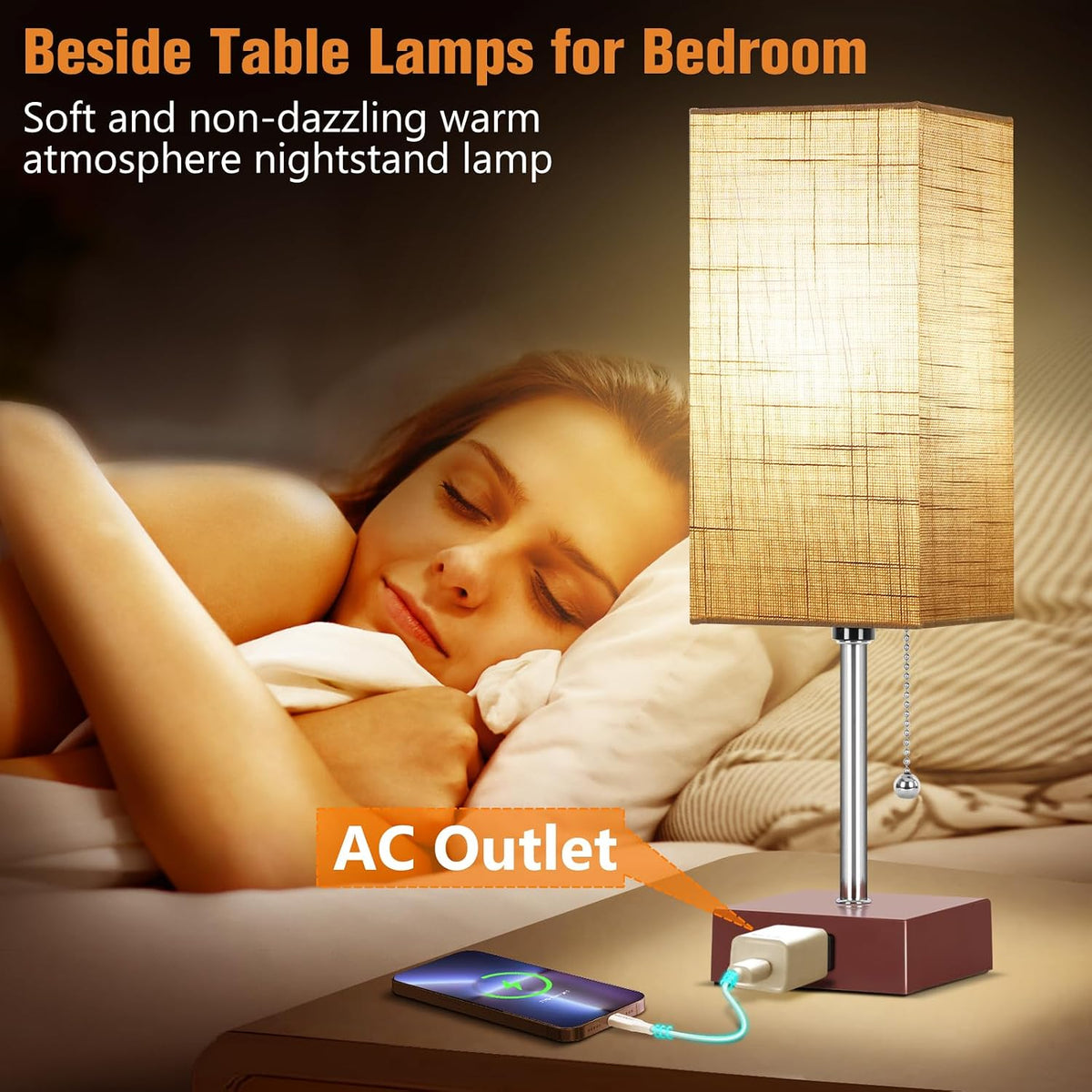 PLMMY Bedside Table Lamp for Bedroom Nightstand, 3 Color Pull Chain Nightstan...