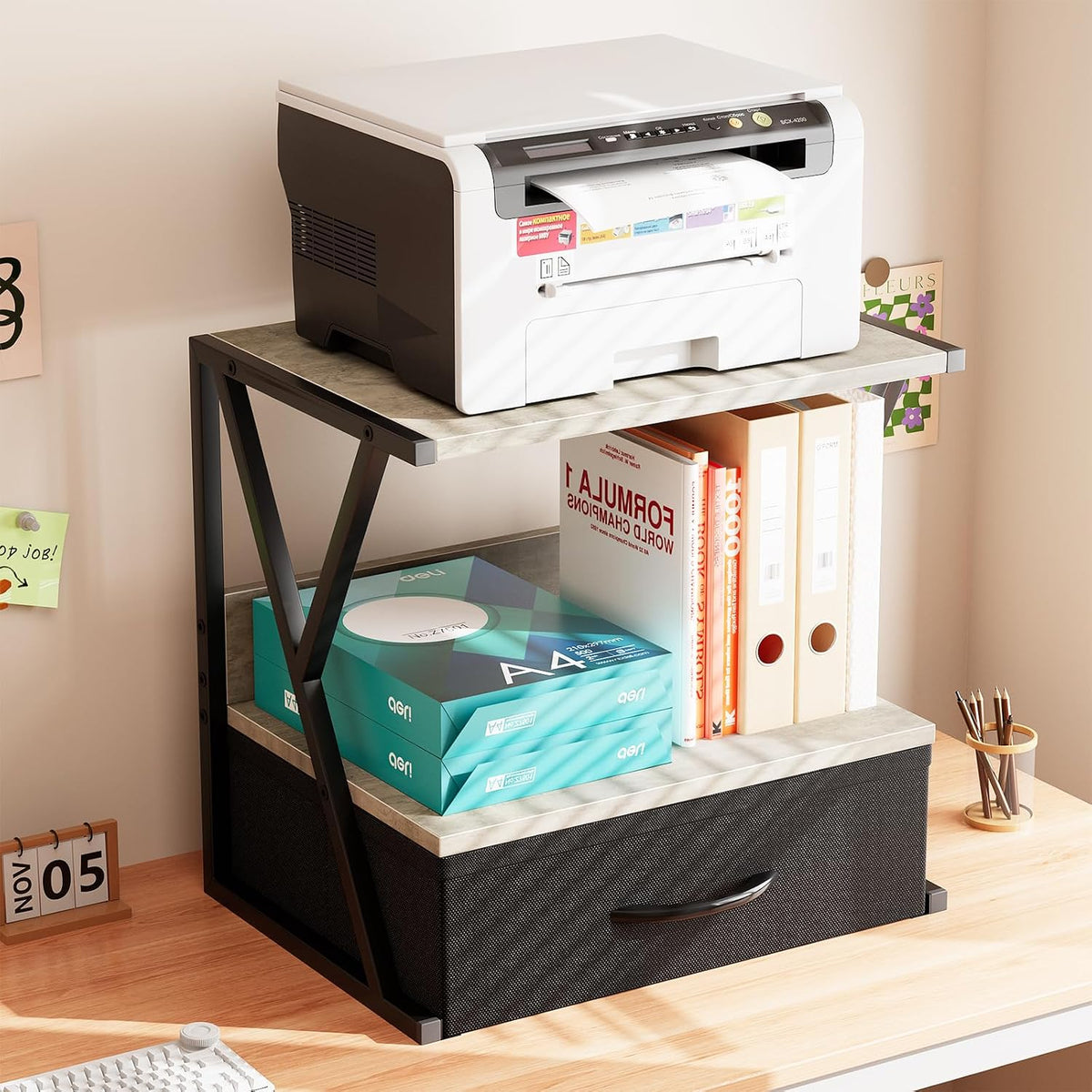 aboxoo Printer Stand for Desk with Storage Drawer, 2 Tier Desktop Or Under De...