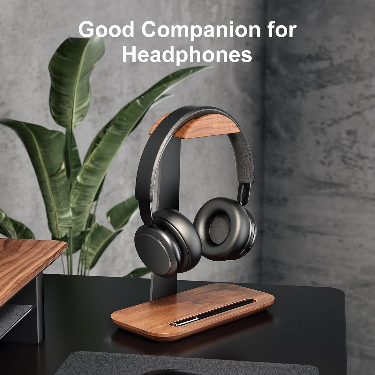 UPERGO Walnut Headphone Stand, Wood Headset Holder with Storage for Desk