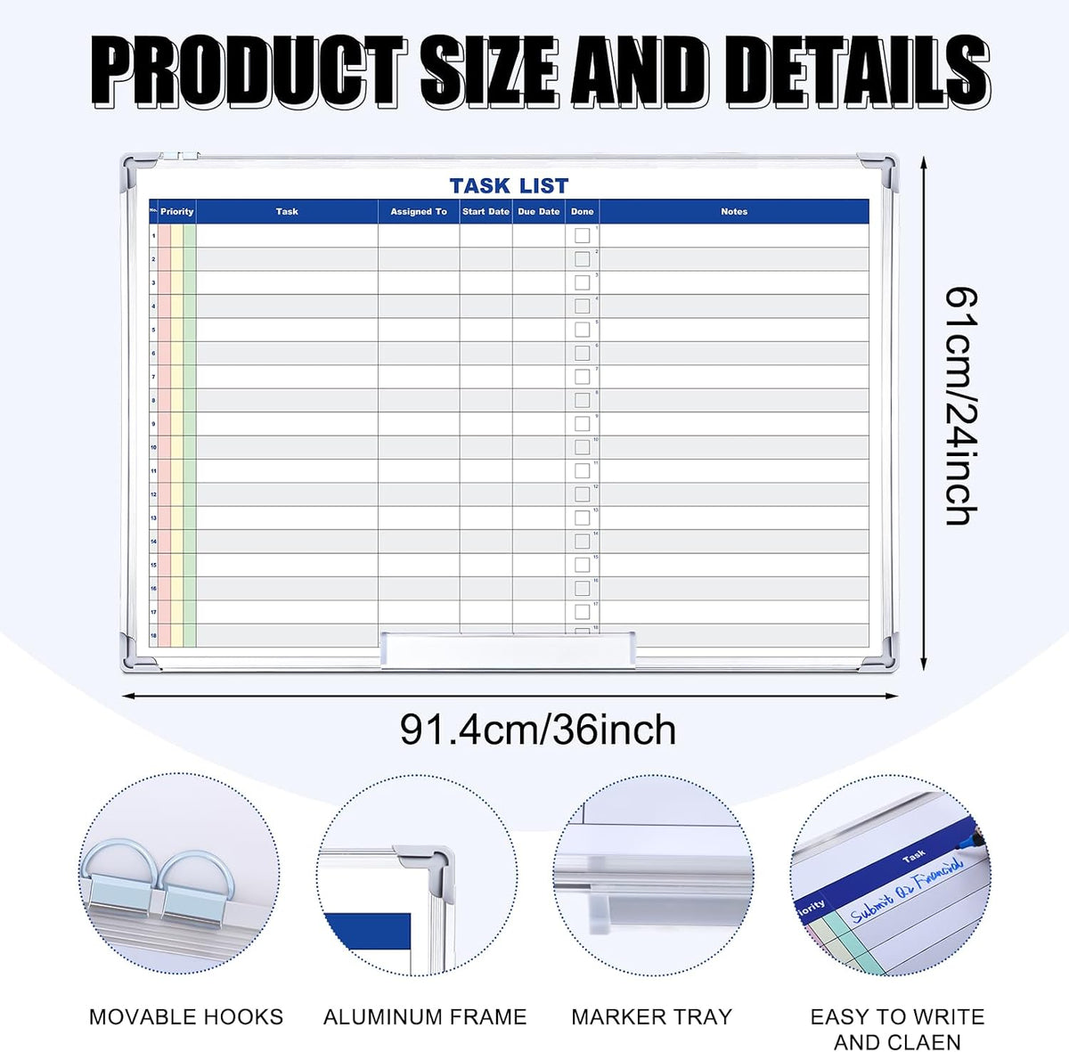 Lincia Large Dry Erase Task List 36 x 24 Inch Planner White Board