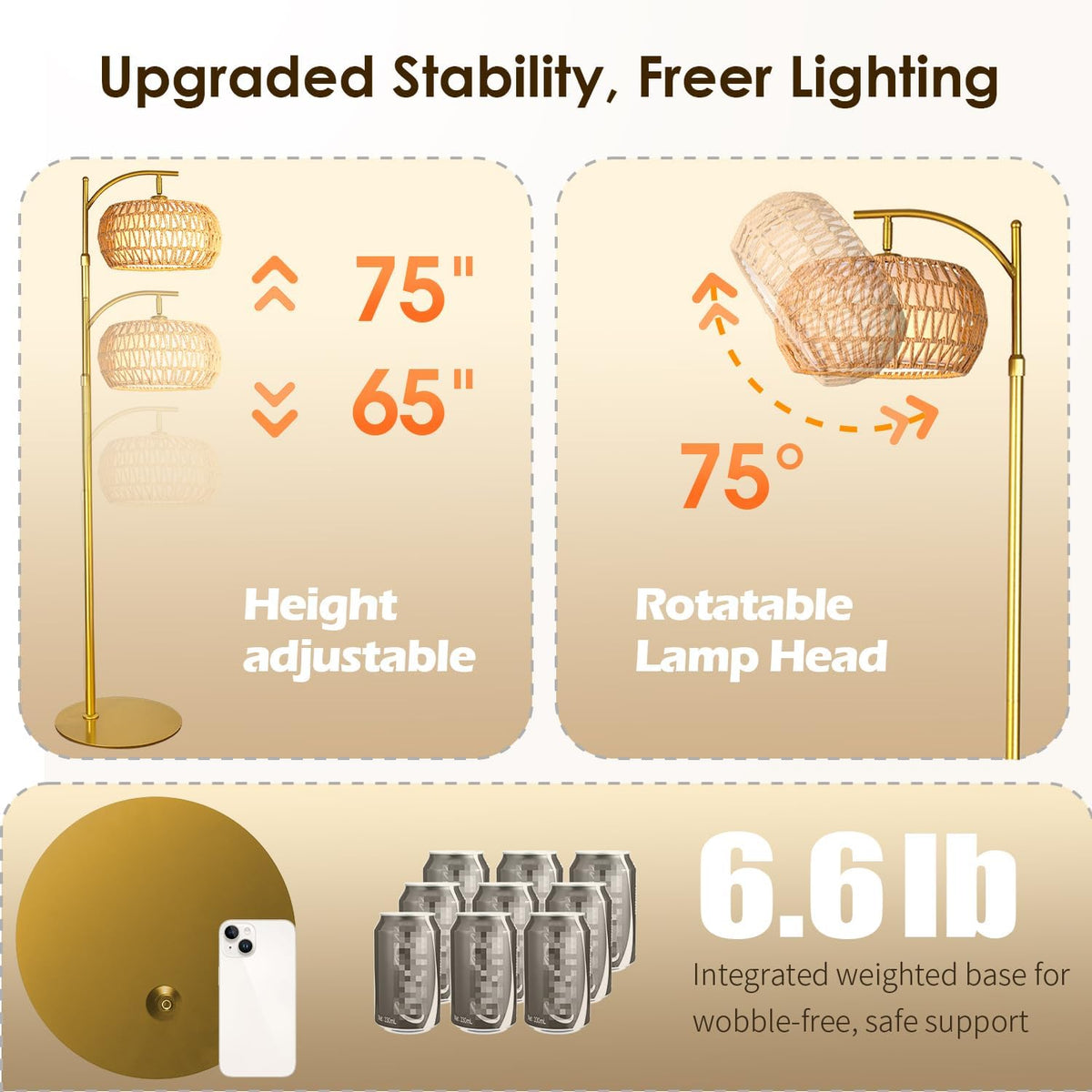 Gold Boho Rattan Floor Lamp w/Remote, Dimmable (2700K - 6000K), 2 - in - 1 Wi...