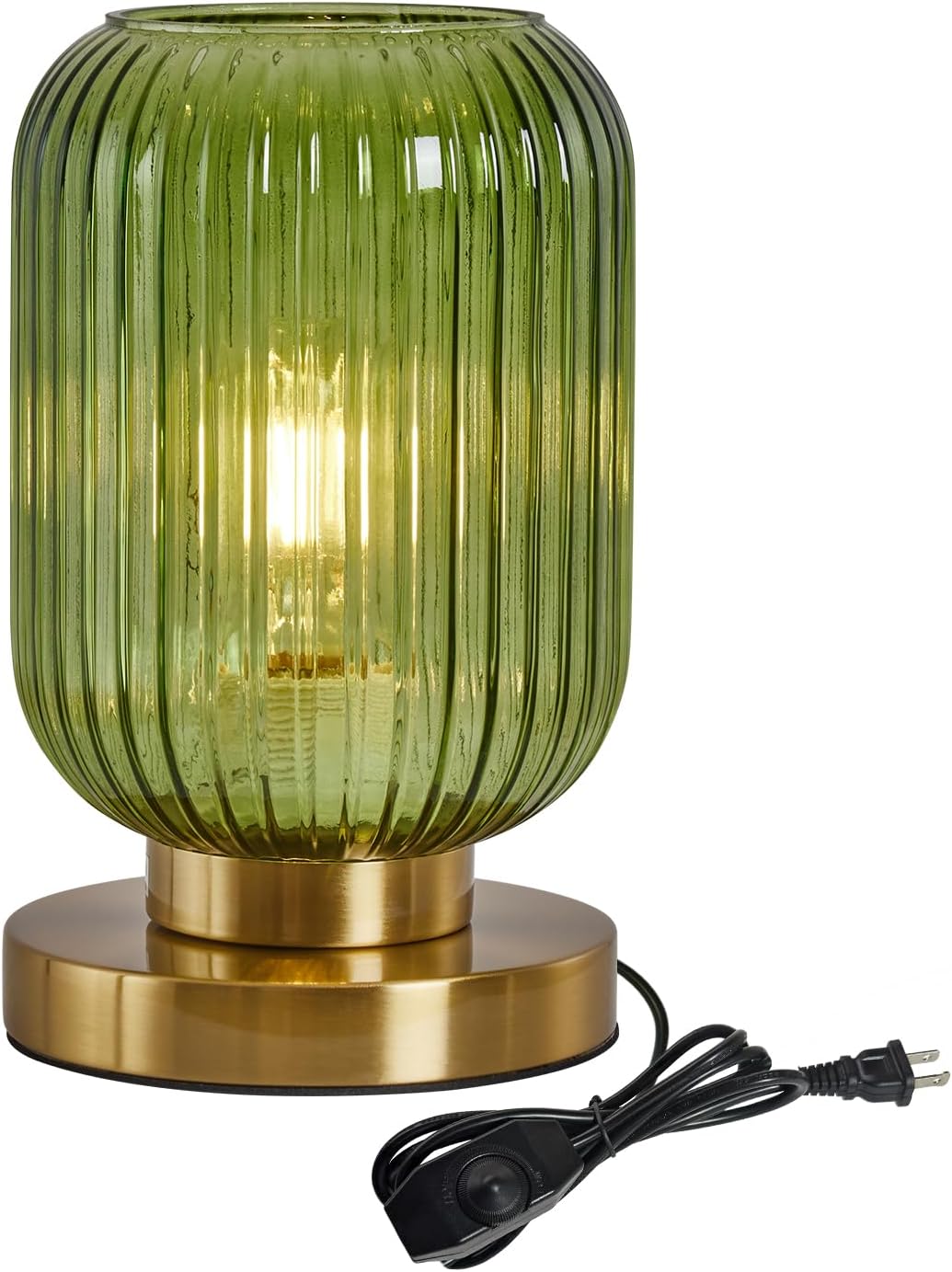 Green Glass Table Lamp,Vintage Gold Base Ribbed Bedside Lamp