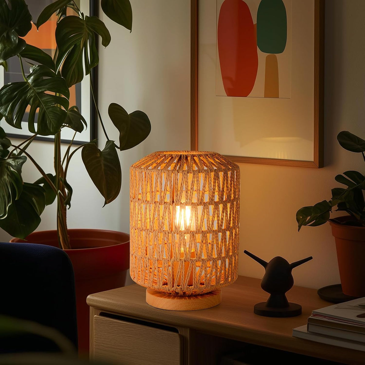Farmhouse Rattan Table Lamp, Rattan Wicker Table Lamp Metal Base, Handmade Bo...