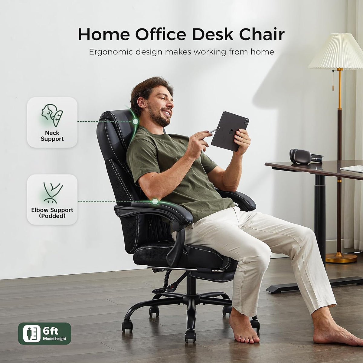 amseatec Big and Tall Office Chair with Footrest, Lumbar Support, Black
