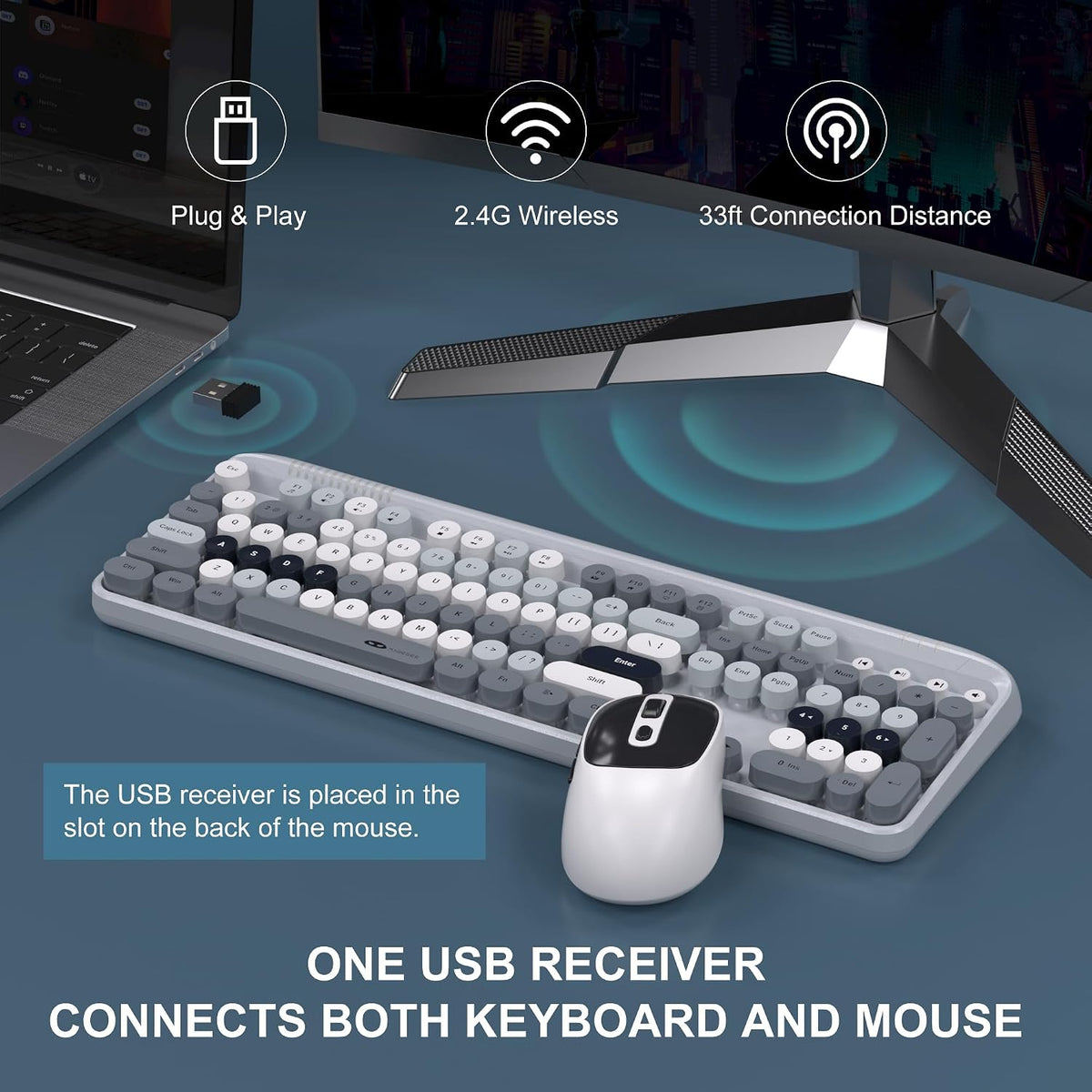 MageGee V920 Wireless Keyboard and Mouse Combo, 2.4G Full-Sized Retro Typewri...