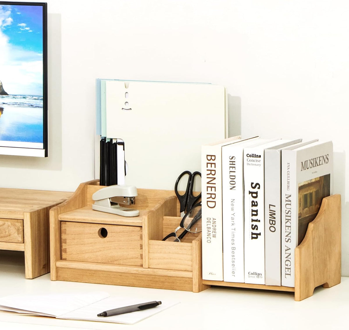 KIRIGEN Wood Desktop Bookshelf with Drawer, Expandable Desk Shelf, Natural