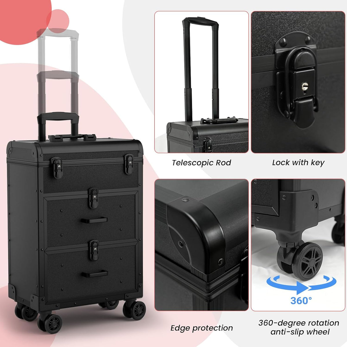 3 in 1 Rolling Makeup Train Cosmetology Case on Wheel, Medium