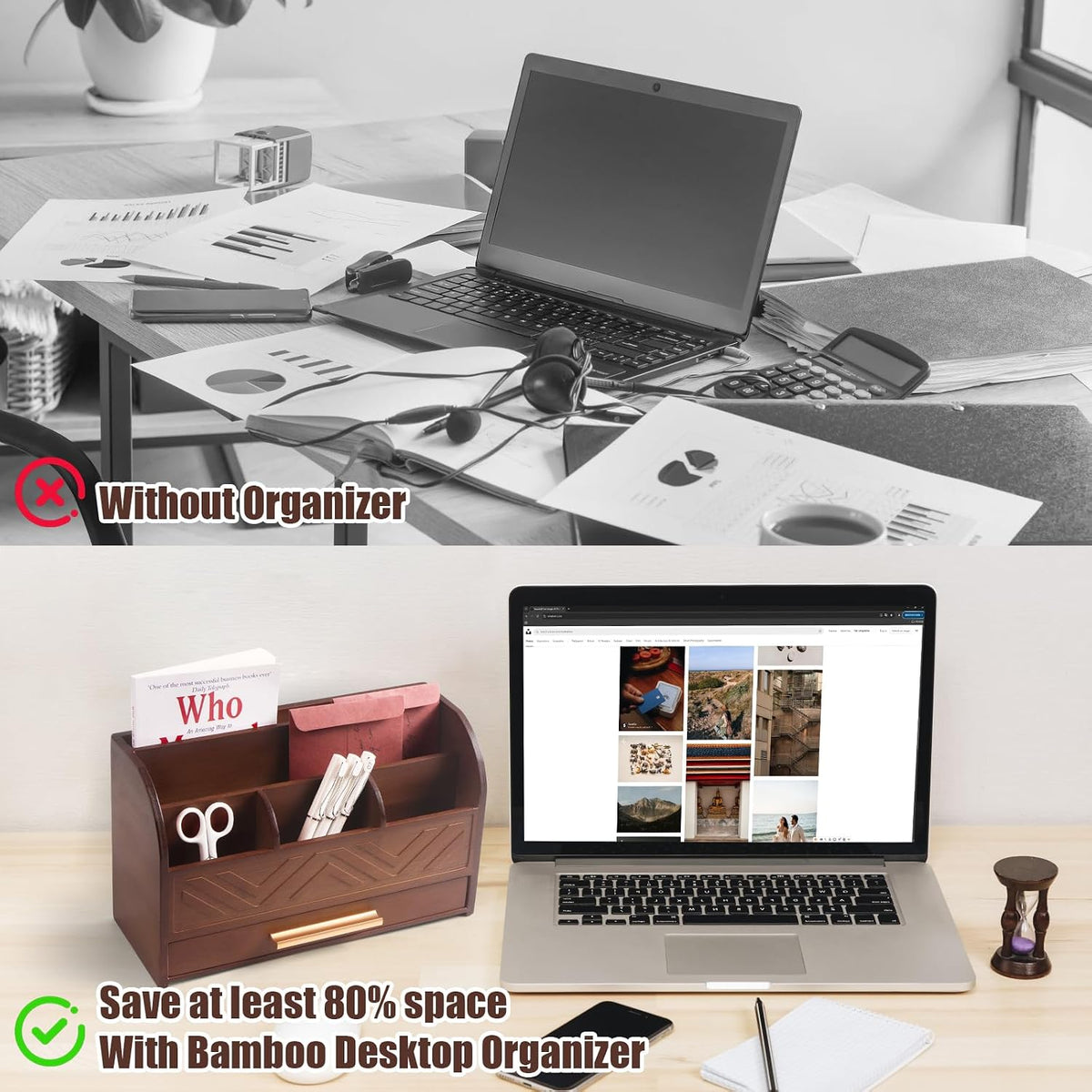 Brown Desktop Organizer with Drawer Storage, White Desk Organizer Mail Holder...