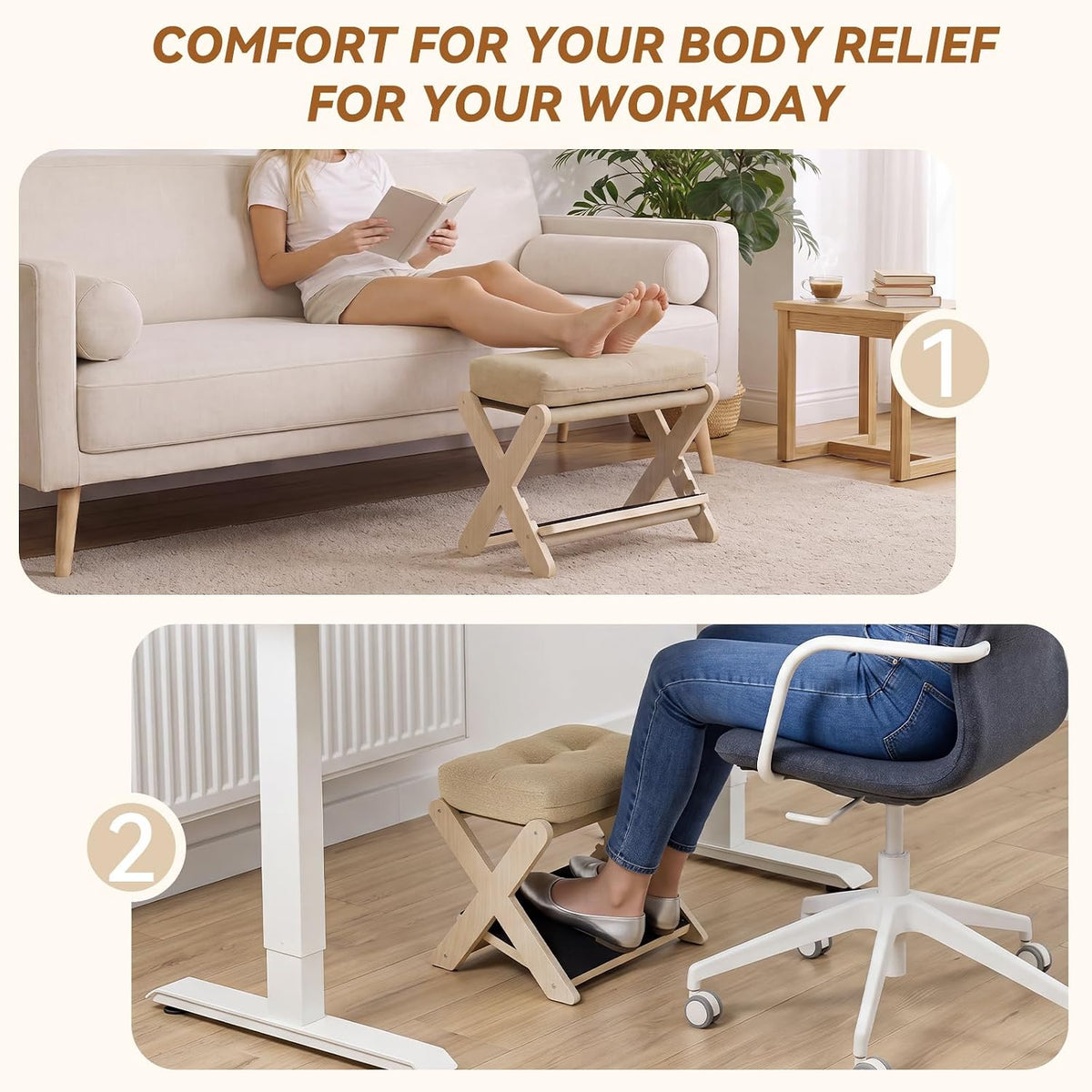 Adjustable Foot Rest Under Desk at Work, 16.6" Wide Wooden Ergonomic Foo...