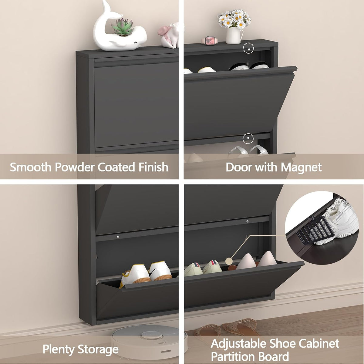 GREATMEET Slim Wall Mounted Metal Storage Cabinet with 3 Flip Drawers