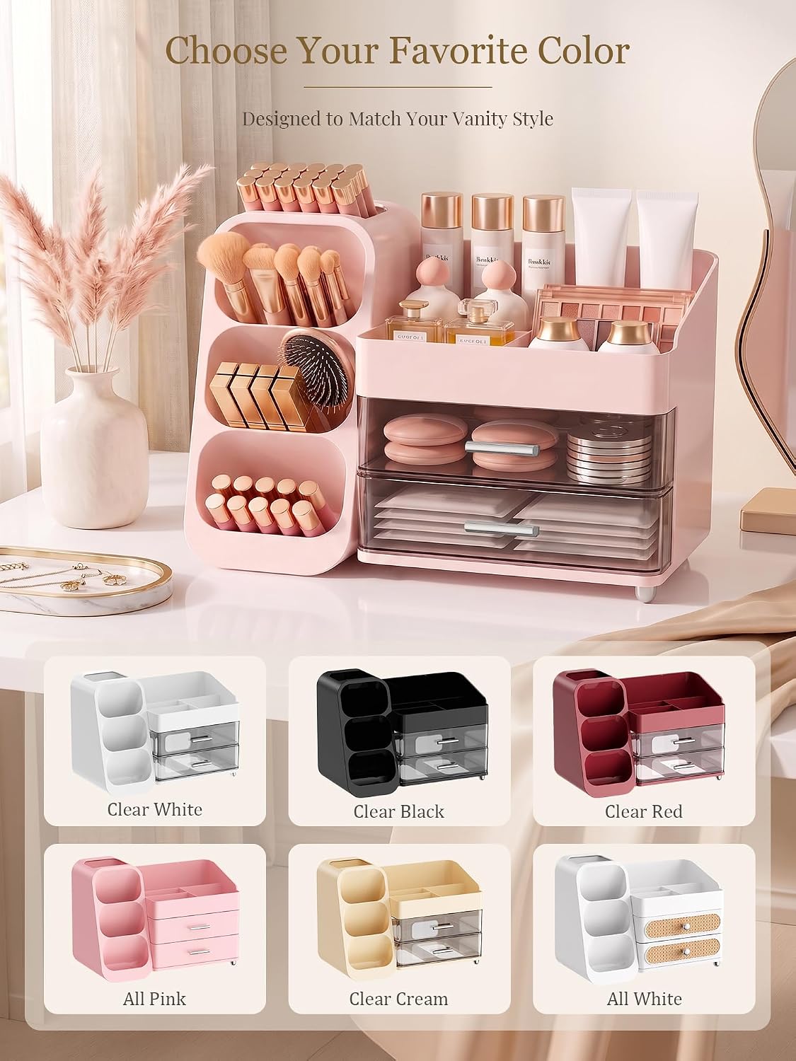 Booklov Large Makeup Organizer for Vanity Countertop, Pink