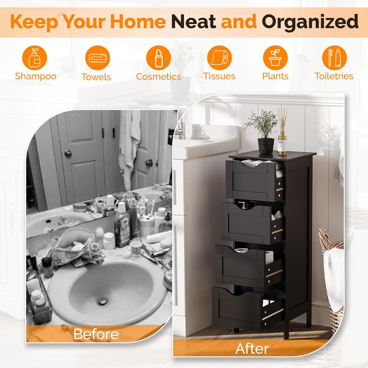 Bonnlo Slim Bathroom Floor Cabinet, 4-Drawer Wooden Freestanding Storage Unit...