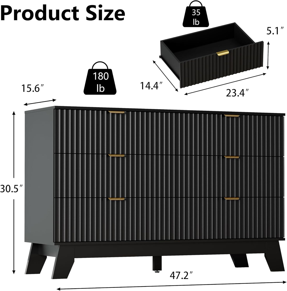 Black Dresser 6 Drawer Dresser for Bedroom, 47''W Fluted Wooden Dress...