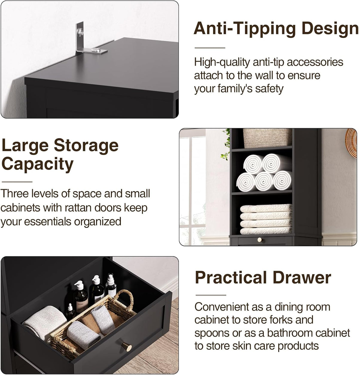 Tall Narrow Rattan Bathroom Storage Cabinet with Doors and Drawers, Black
