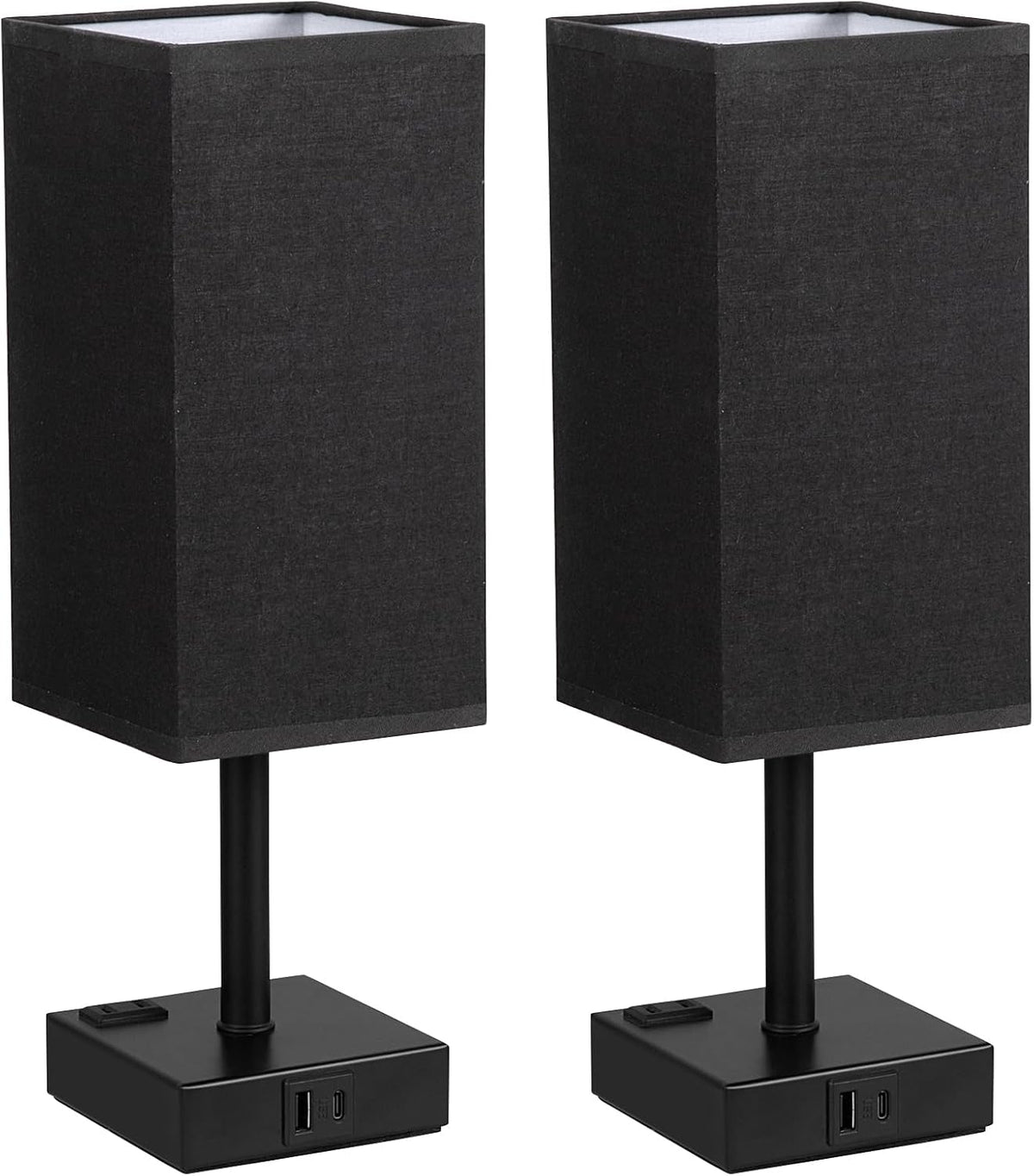 Set of 2 Black Table Lamp for Bedroom - Dimmable Touch, USB C+A, AC Outlet