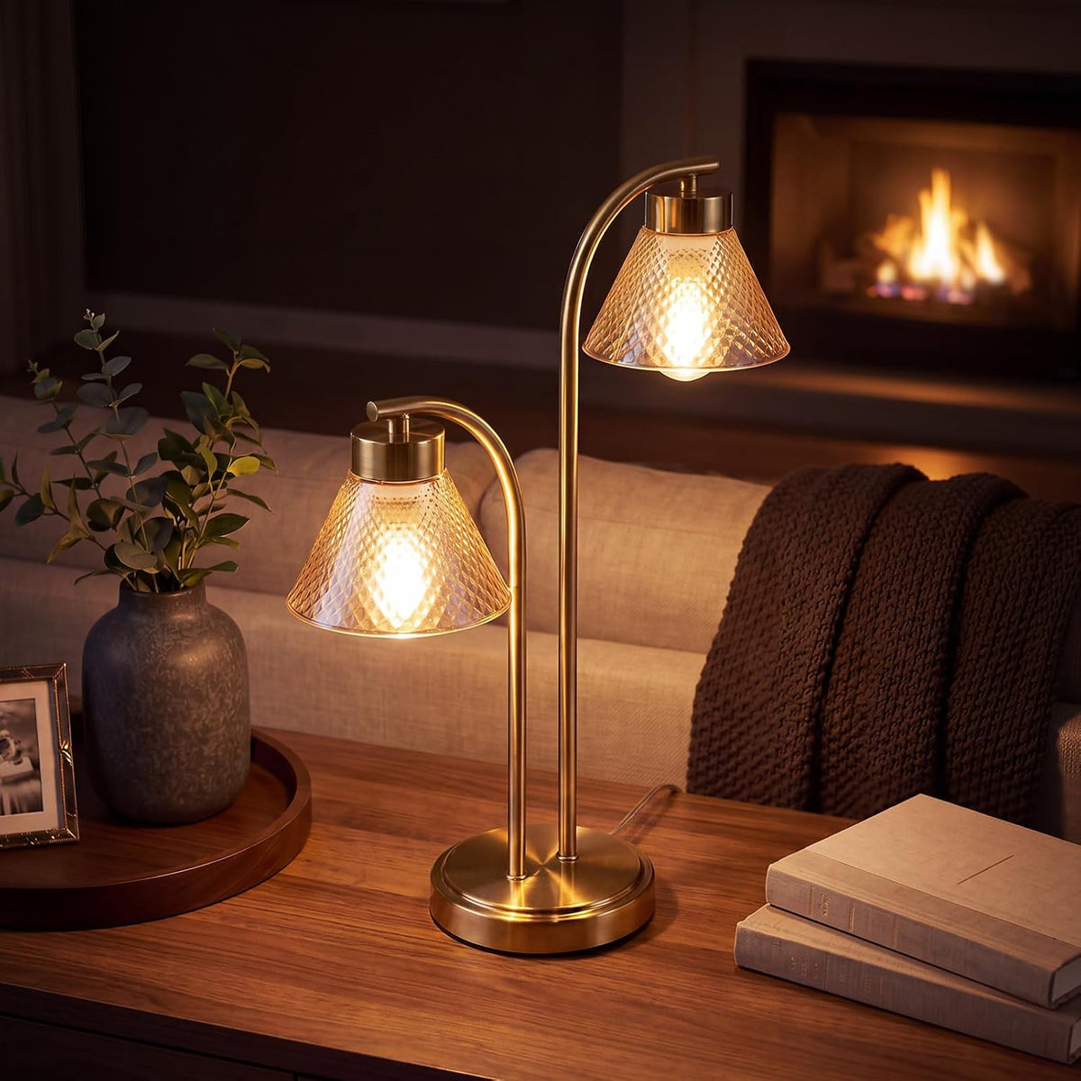Mid Century Modern Gold Lamp for Bedroom, Amber