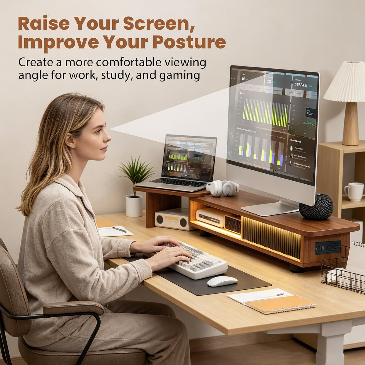 Artswish Dual Monitor Stand with Power Outlet, Brown Desk Monitor Riser