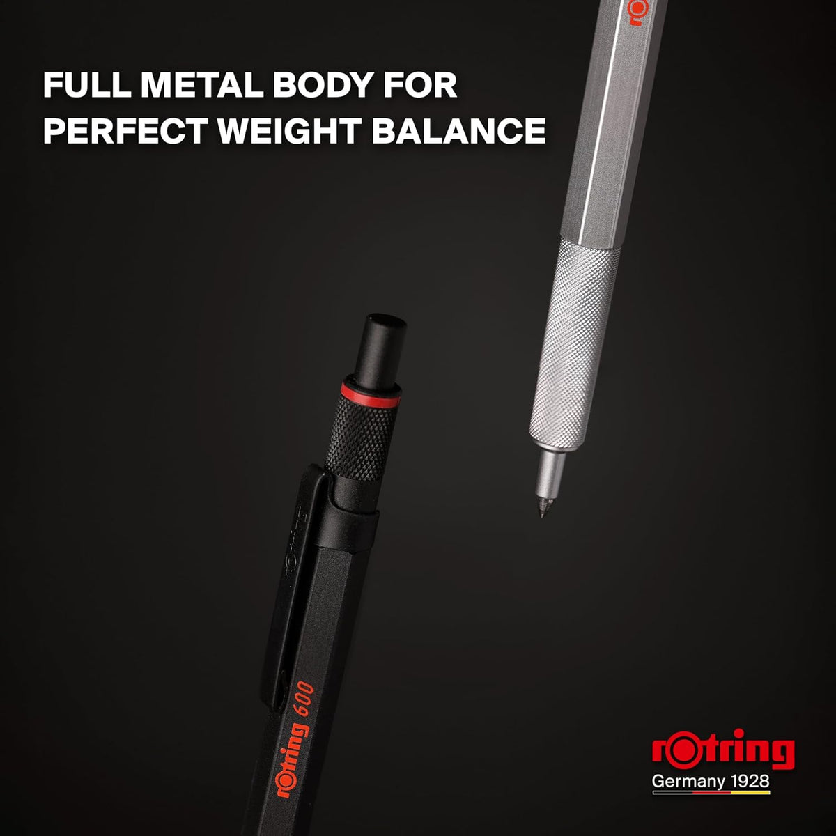 rOtring 600 Gel Pen | 0.55 mm | Black Ink | Silver Metal Body Pen | Non-Slip ...