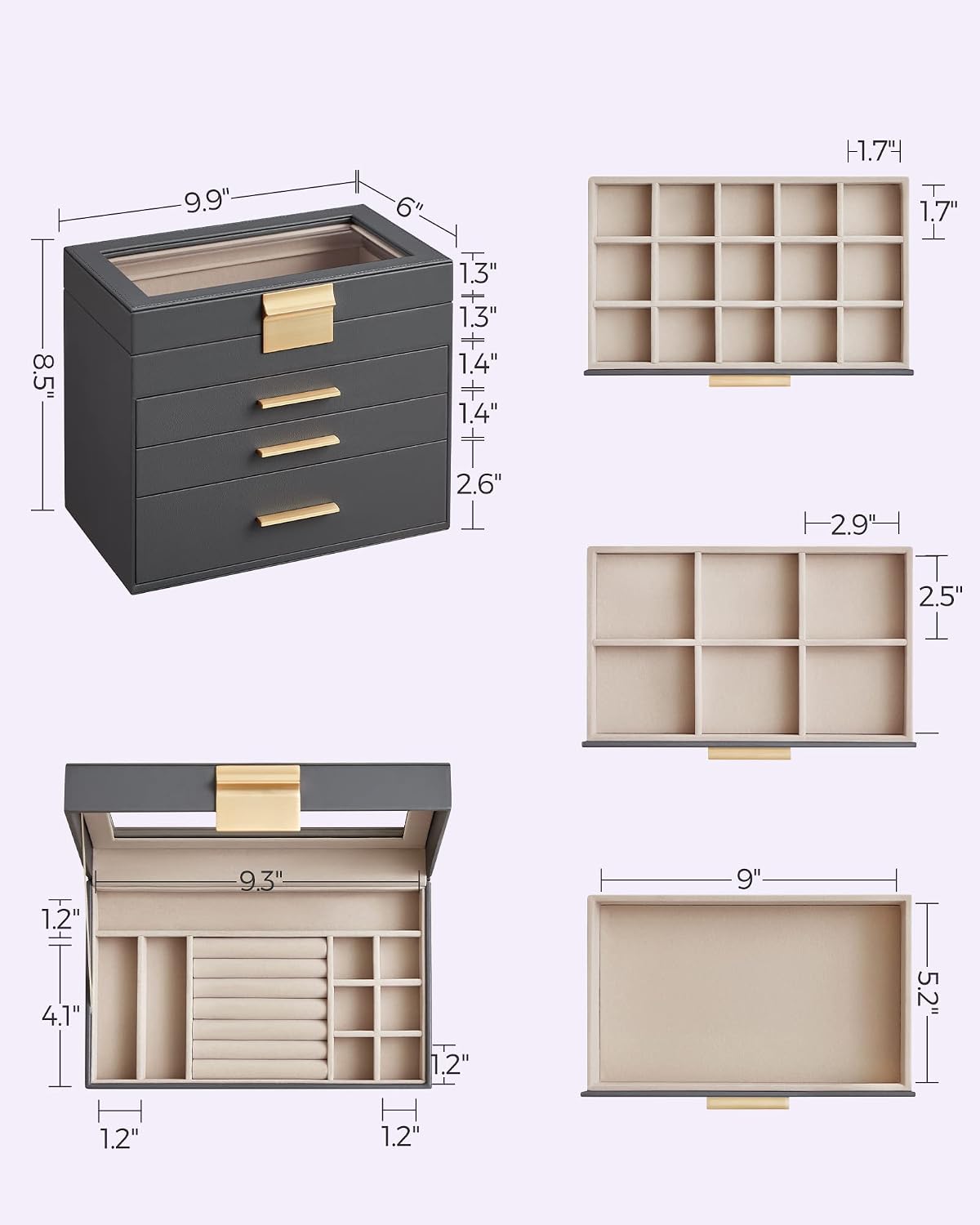 SONGMICS Jewelry Box Organizer, 4-Layer Storage with 3 Drawers, Glass Lid
