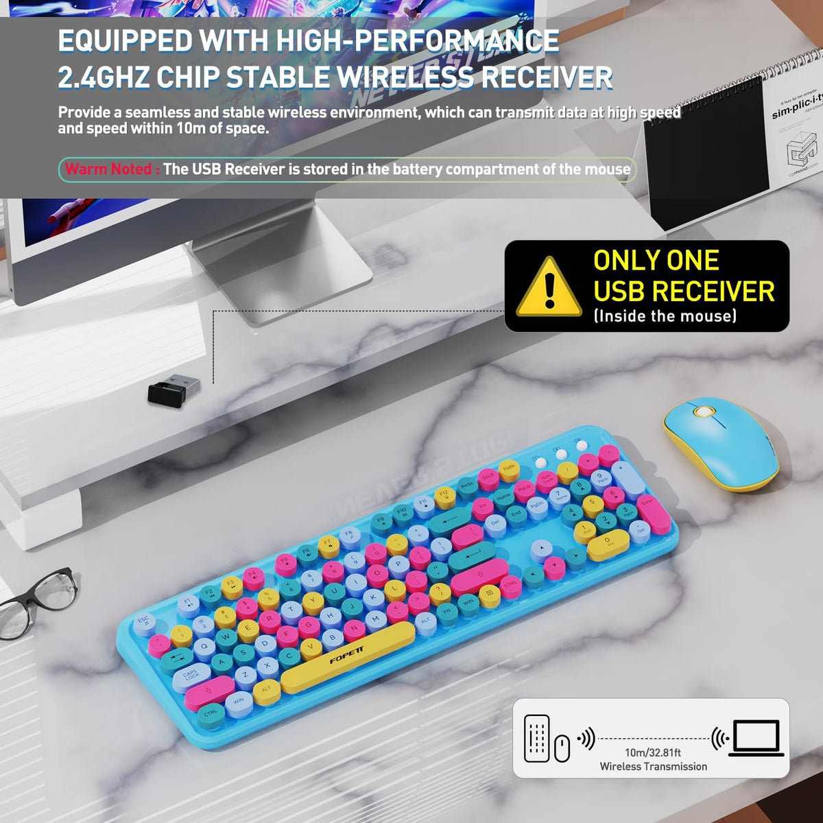 Colorful Wireless Keyboard Mouse Combo,Cute Round Keys,for PC Laptop,Blue