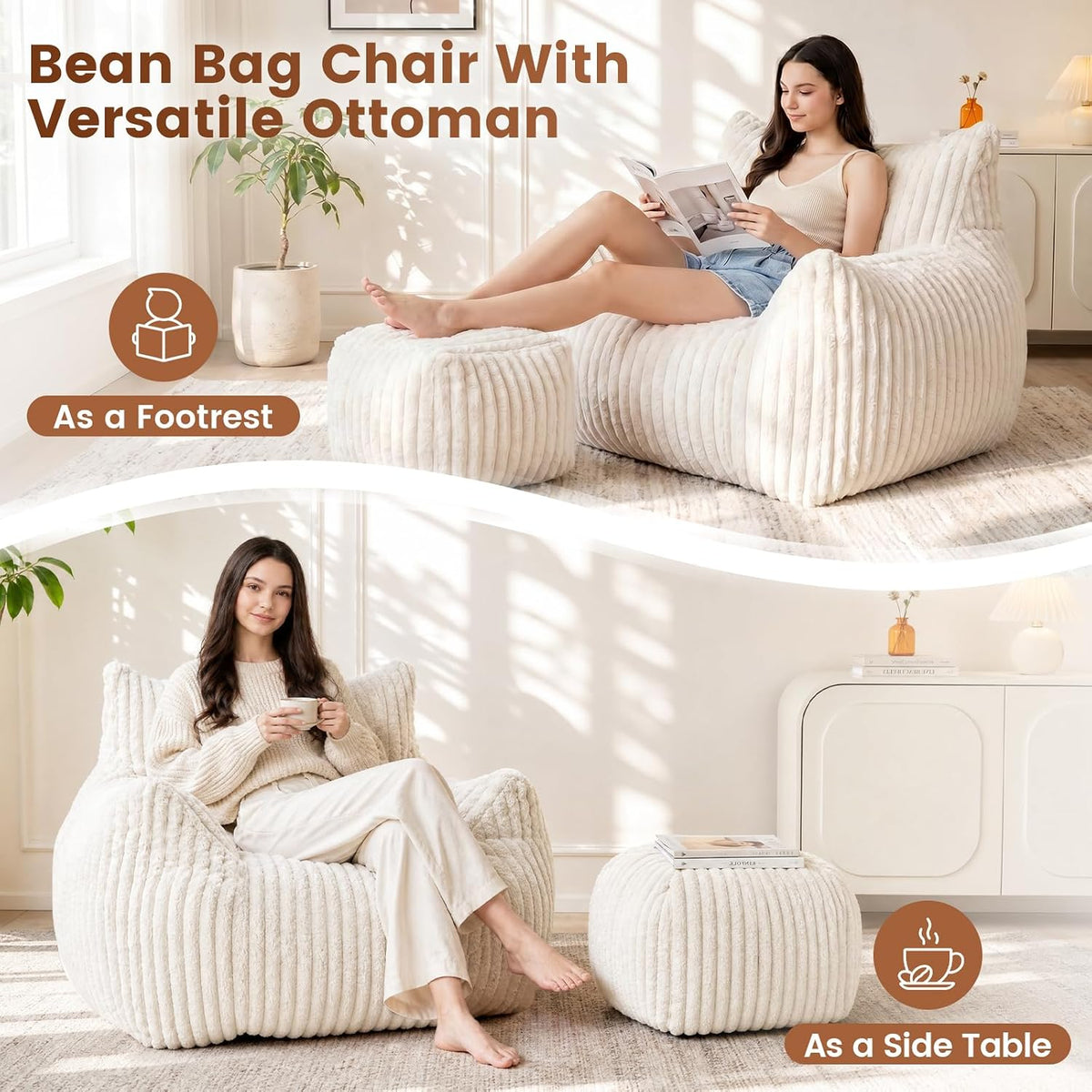 WSOFRLAC Giant Plush Bean Bag Chairs, Cozy Fluffy Single Cloud Couch, White