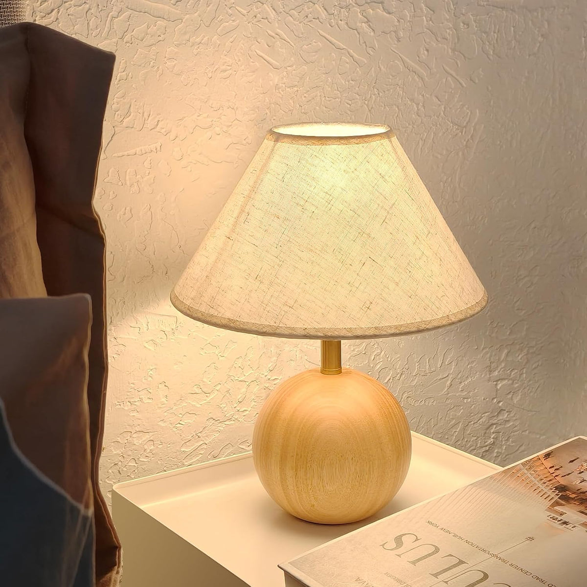 Wood Table Lamp for Bedroom, Flaxen Fabric Shade Small Desk Lamp for Living R...