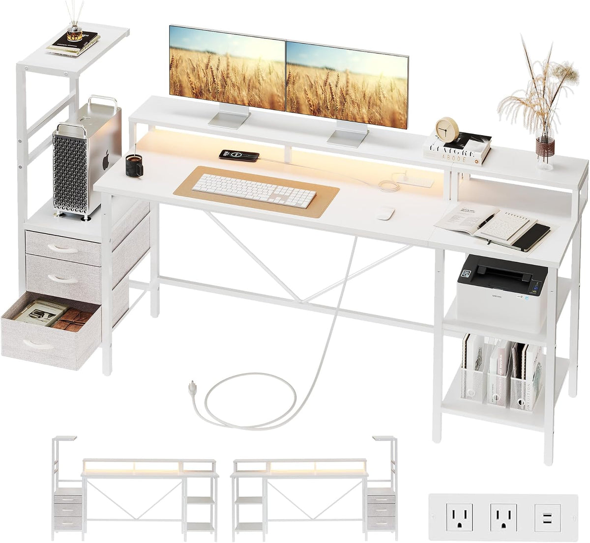 59 in Gaming Desk with Storage Drawers & Shelves, Reversible Computer Desk
