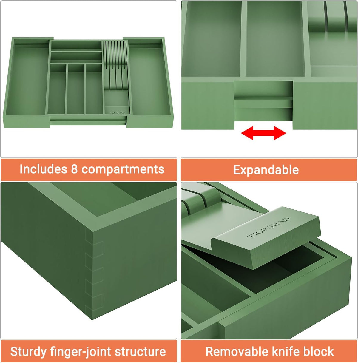TIOPGHAD Expandable Bamboo Silverware Drawer Organizer Tray, Grayish Green