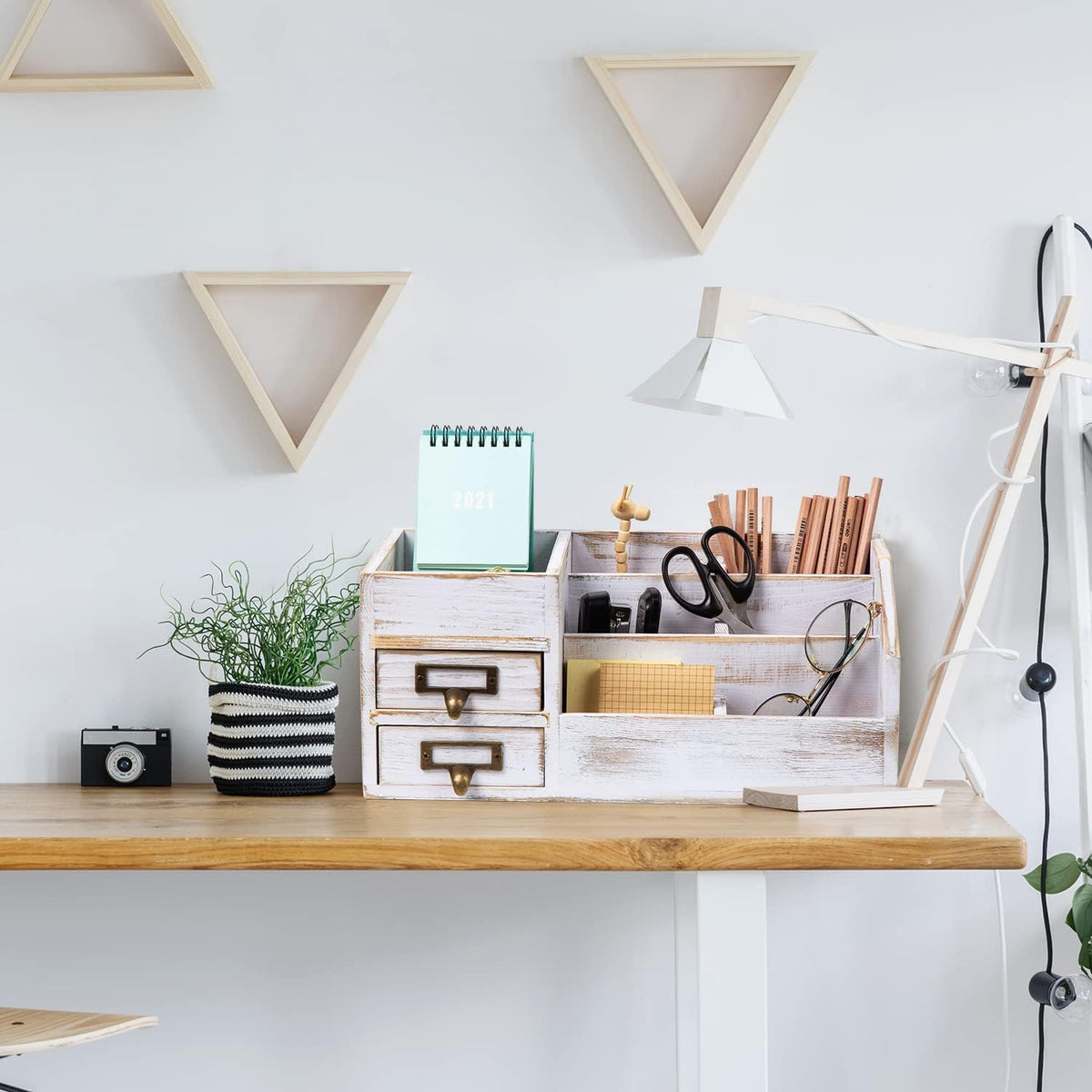 Distressed Rustic Wooden Office Desktop Organizer Shelf Tabletop Home Organiz...