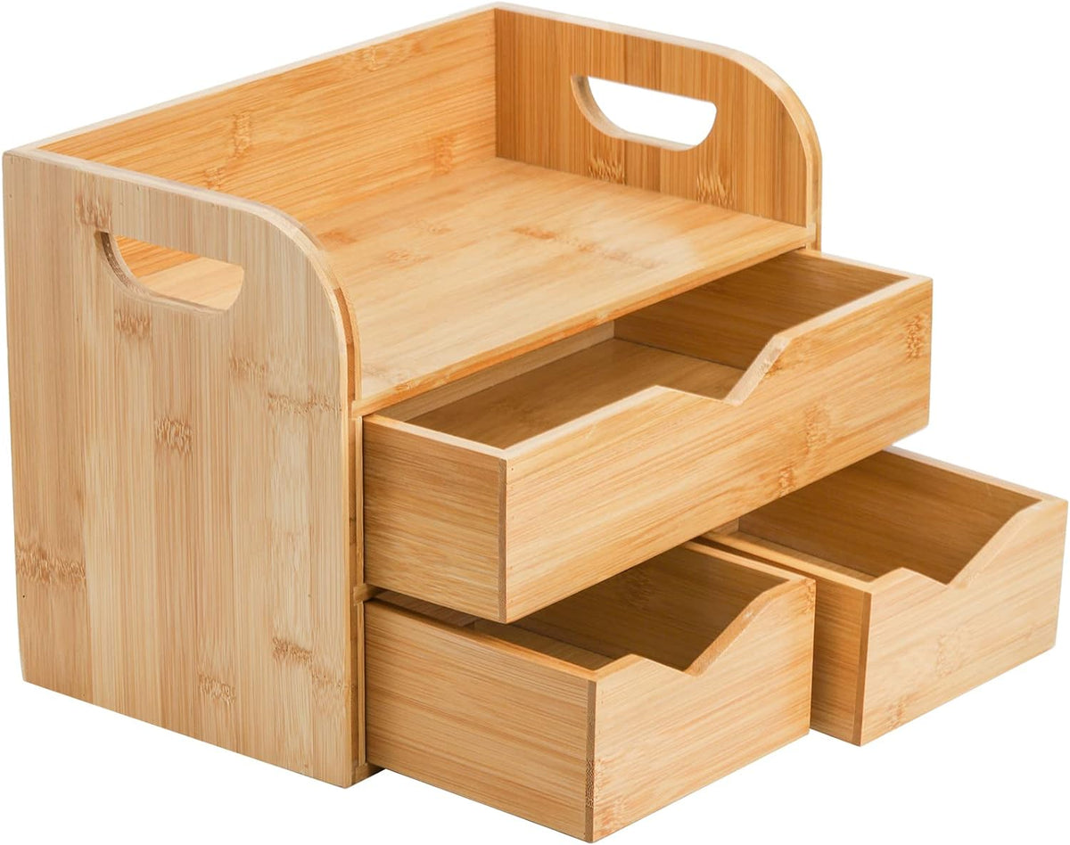 Hacaroa 3 Tier Bamboo Desktop Organizer with 3 Drawers, Tabletop Craft Box Co...