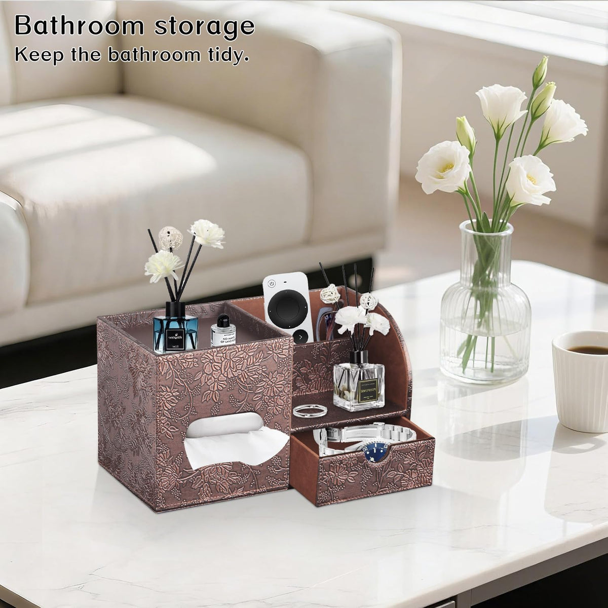 PU Leather Tissue Box Cover Square with Drawer Storage and Tray on Top