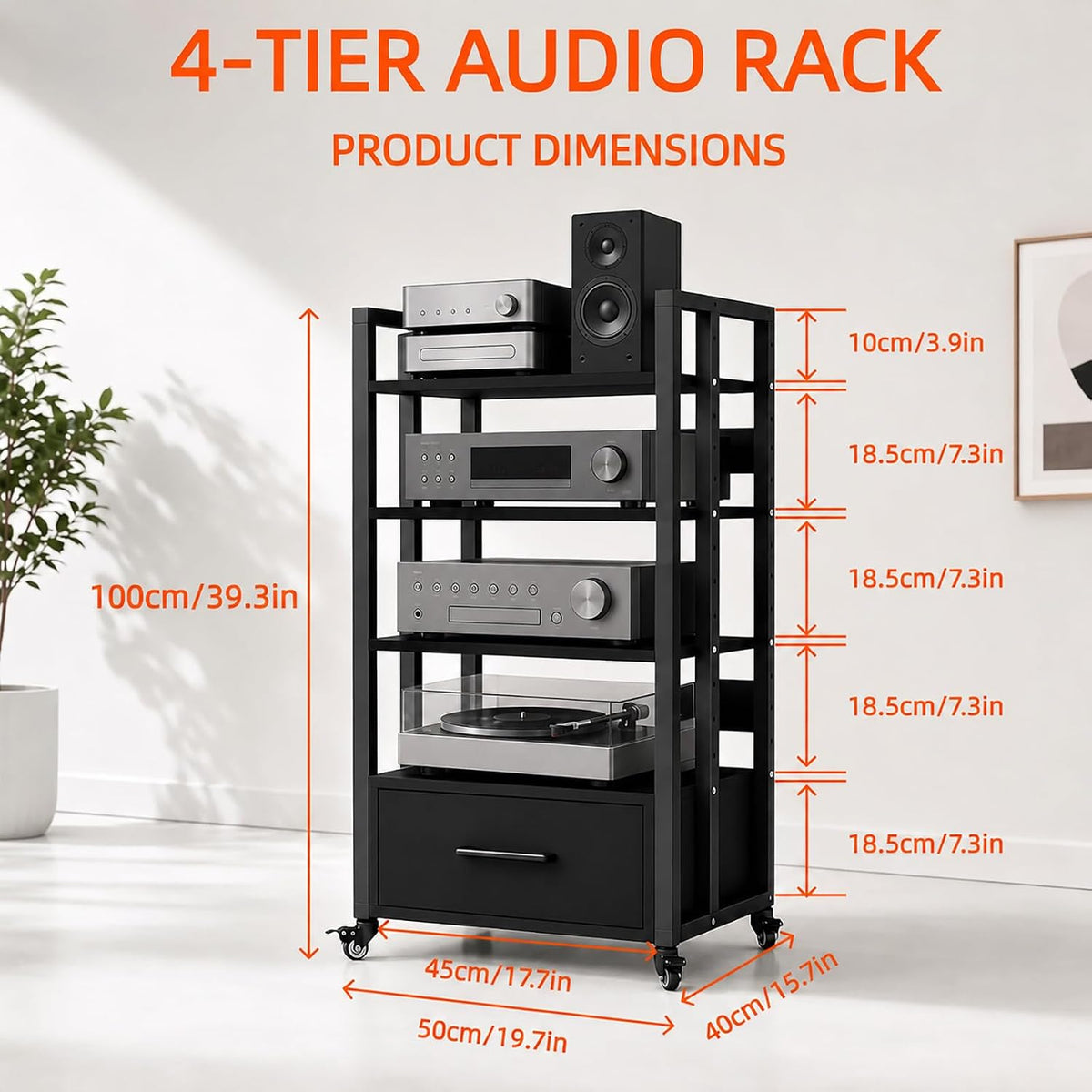4-Tier Audio Rack with Wheels, AV Media Stand