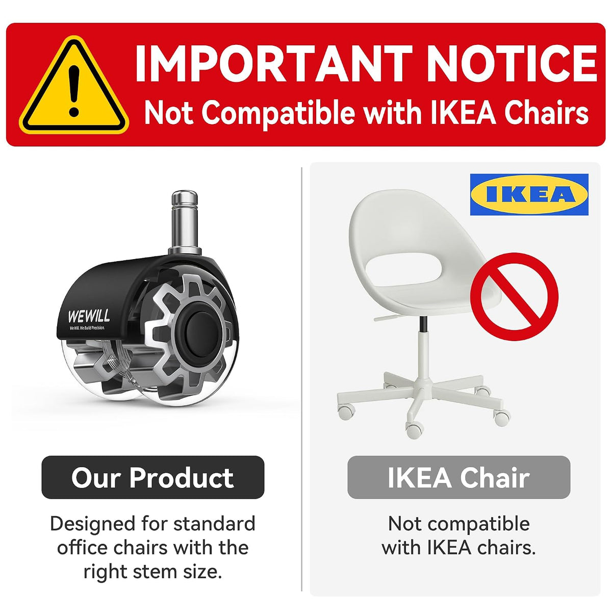 WEWILL Office Chair Wheels, Rubber Replacement Caster Heavy Duty Wheels for C...