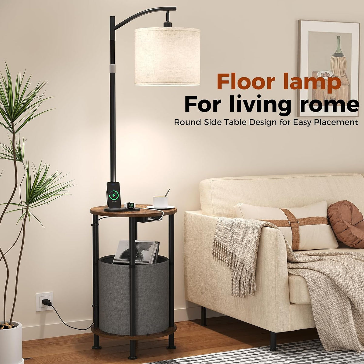 Floor Lamp with Table,Nightstand with Charging Station Living Room