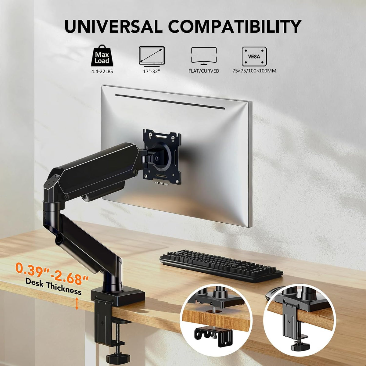 Single Monitor Mount, Gas Spring Arm for 17-32 inch Screens Adjustable Monito...