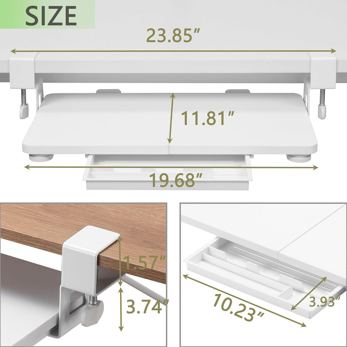 ETHU Small Keyboard Tray Under Desk with C-Clamp, 19.7x11.81", White
