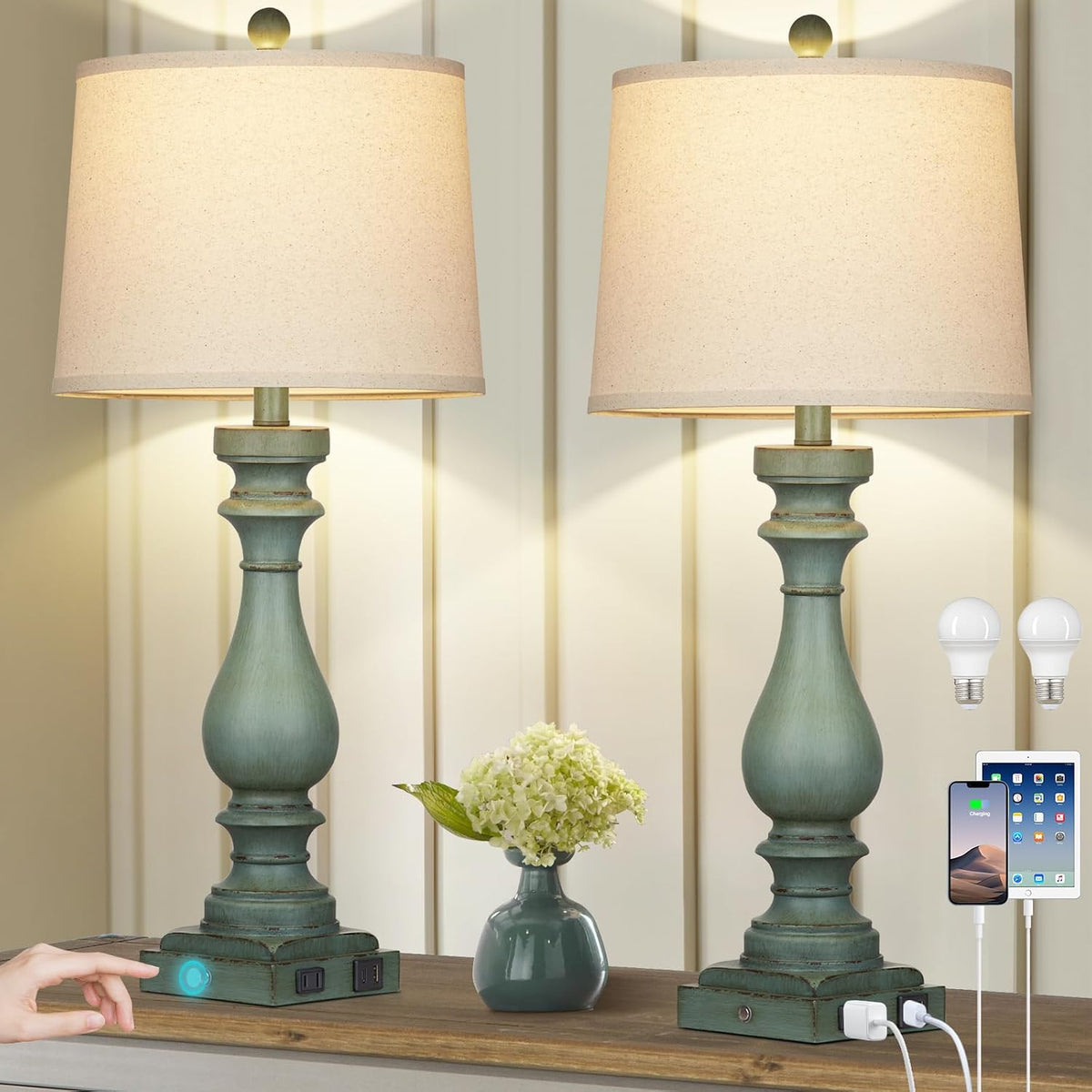 Cinkeda 29" Tall Table Lamp for Living Room Set of 2,Vintage Bedside Nig...