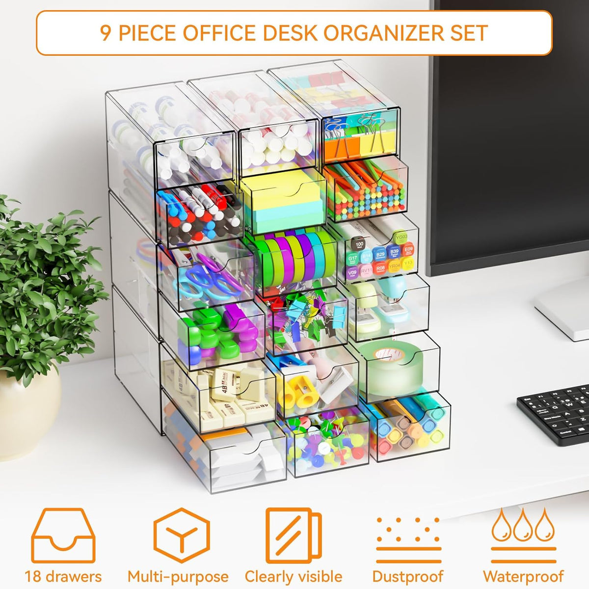 Yieach 9 Pack Small Acrylic Drawers With 18 Drawers,Clear Drawer Organizers S...