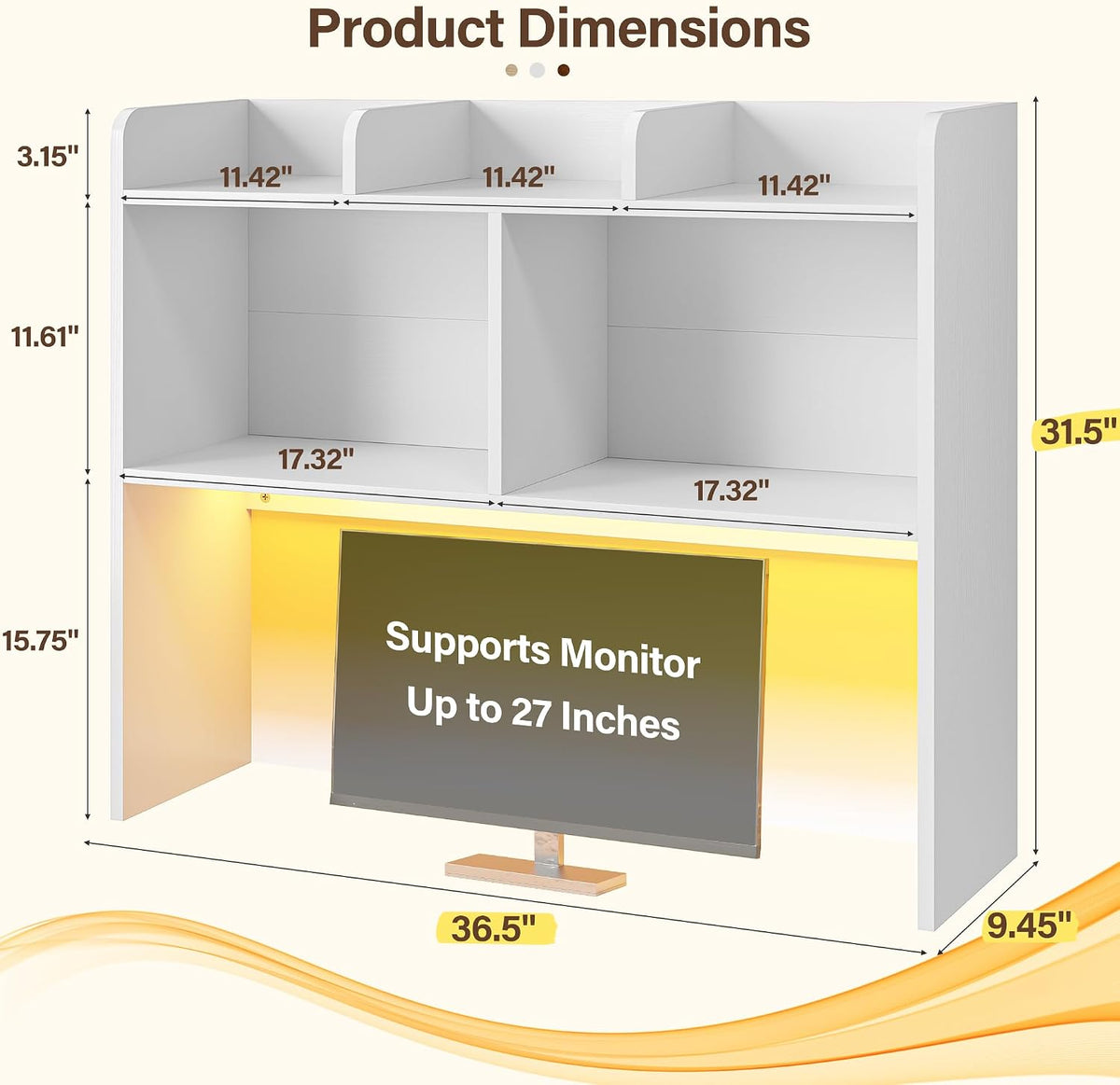 REIBII 3-Tier Desk Hutch with LED Light,6-Shelf Desktop Organizer,White