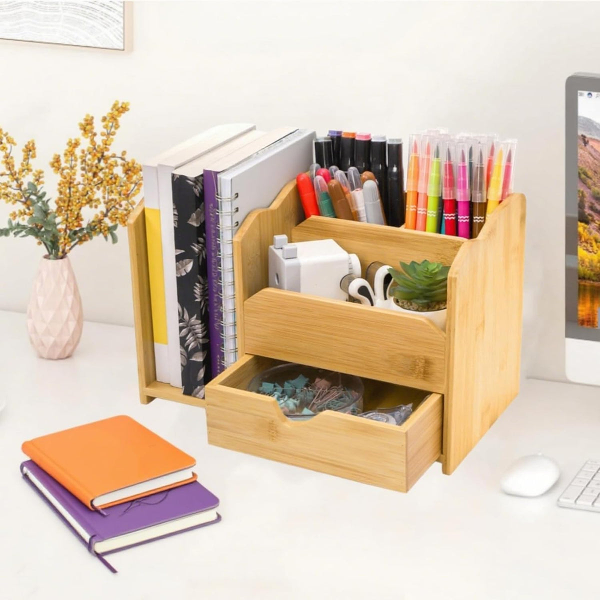 ZAVOOS Bamboo Desk Organizer with Drawer Pen Holder, 5 Compartments