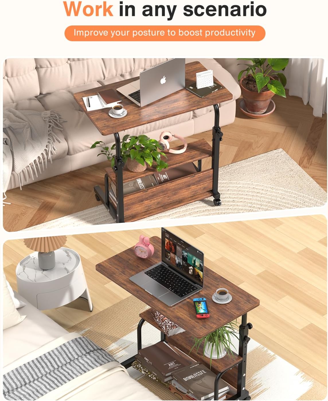 QZMDSM Portable Rolling Desk on Wheels Adjustable Height Desks for Small Spac...