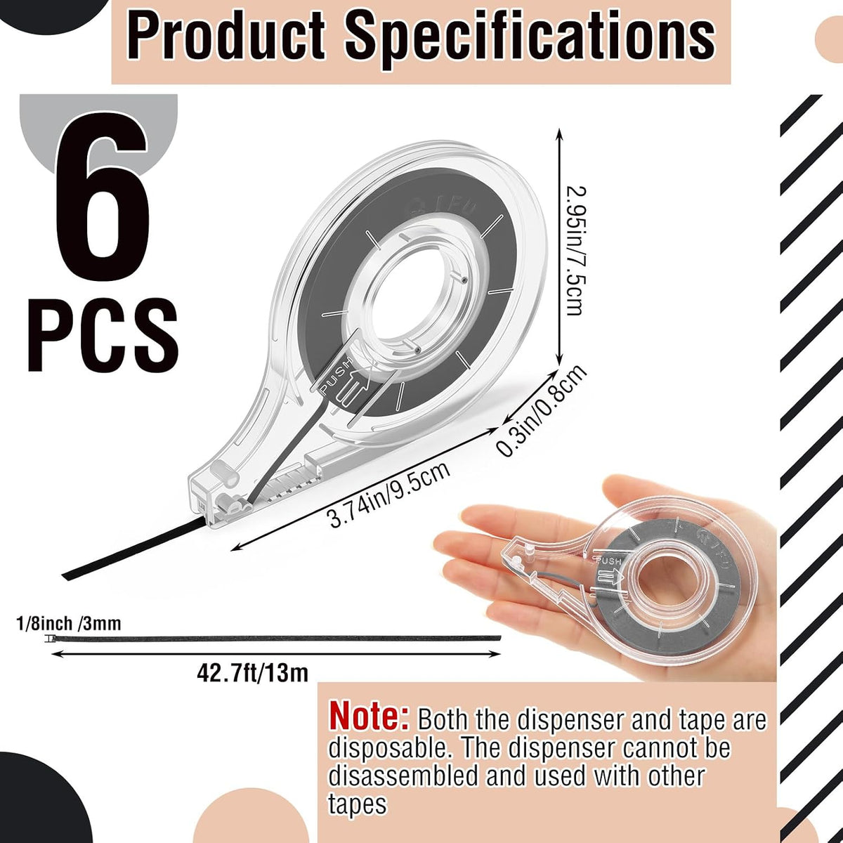 6 Pack Whiteboard Tape with Dispenser, Width 1/8", Black