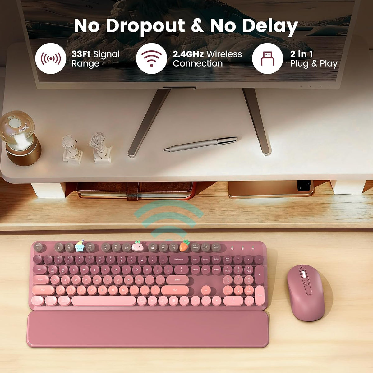 Wireless Keyboard and Mouse Combo, Magnetic Wrist Rest, Dusty Rose Ombre