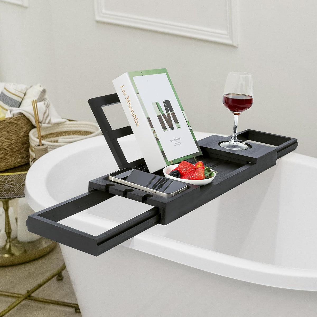 Utoplike Bamboo Bathtub Tray Black, Adjustable Bath Caddy Table for Tub