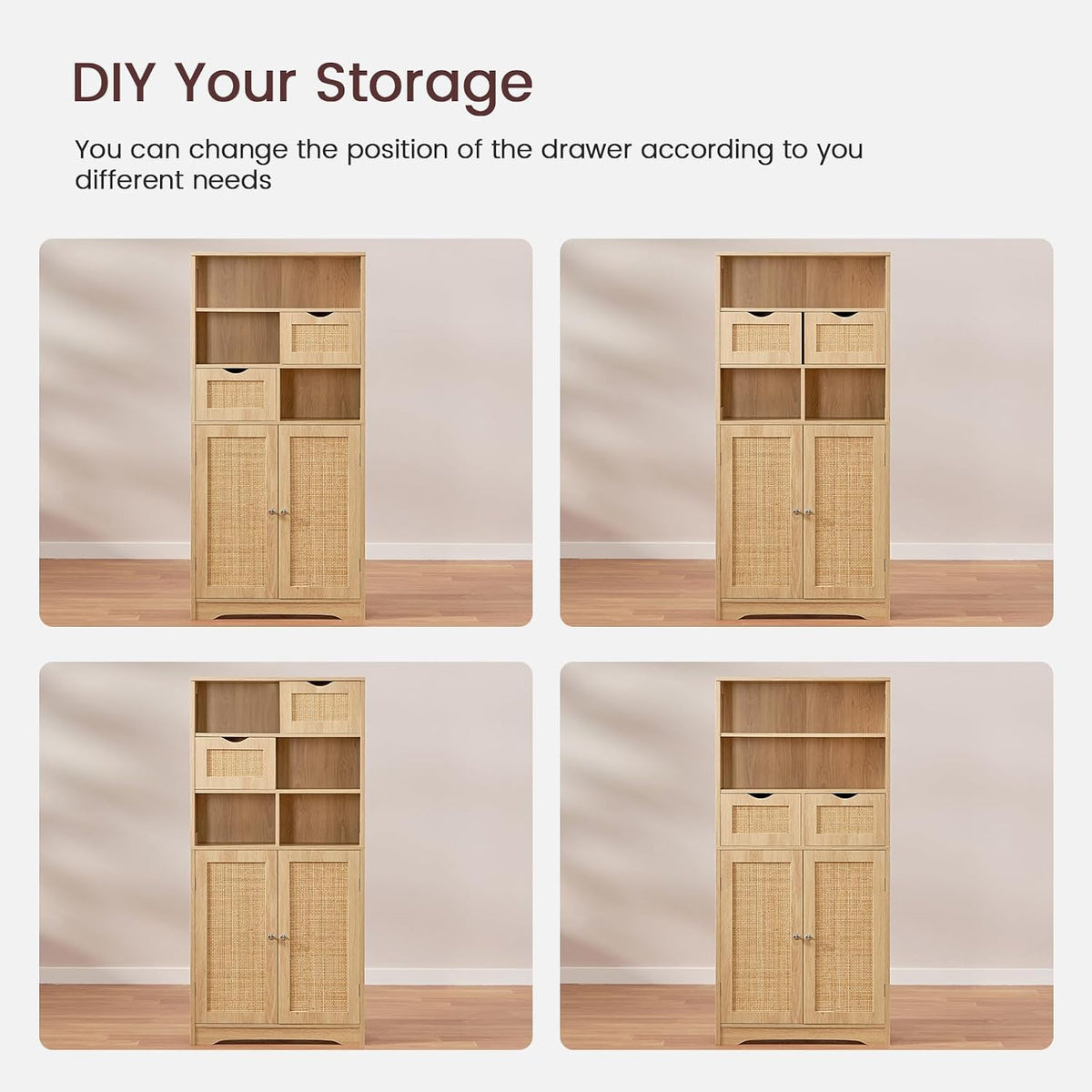 Iwell Tall Storage Cabinet, Rattan Cabinet with 2 Drawers & Adjustable Sh...