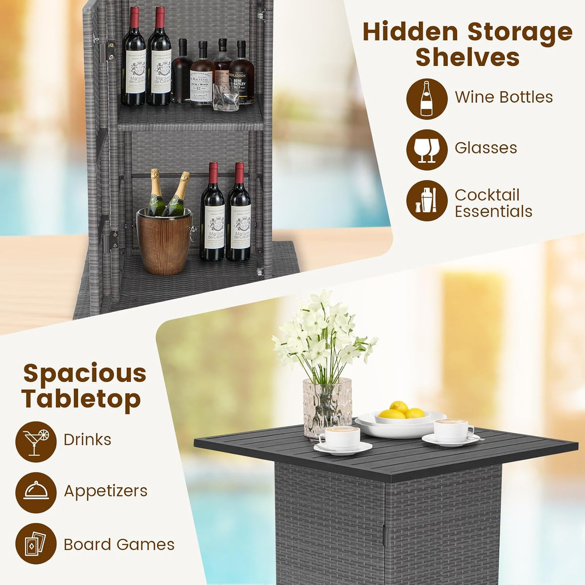 Tangkula 5 Piece Rattan Bar Table and Chairs Set Wirth 4 Cushioned Stools