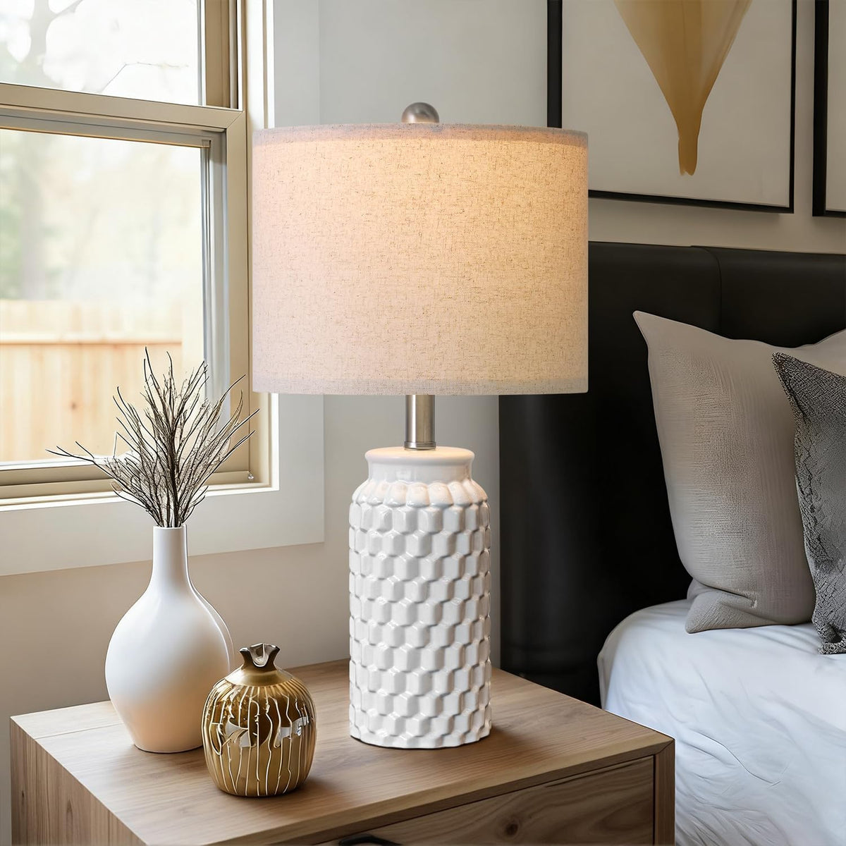 USumkky 20.5" White Modern Ceramic Bedside Lamps Set of 2, Small Table L...